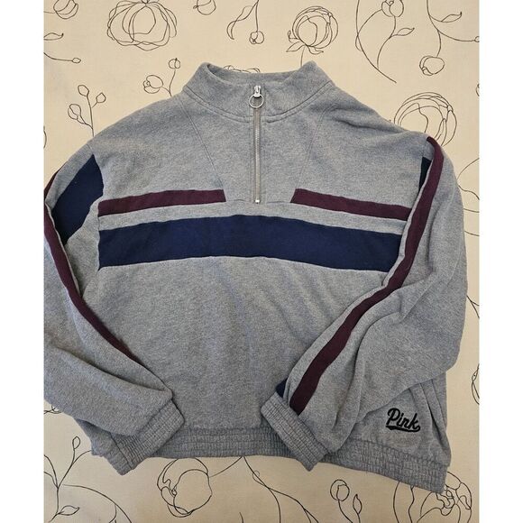 Victoria's Secret Pink 1/4 Zip Pullover Sweatshirt Cropped Size Large Stripe - Picture 3 of 8